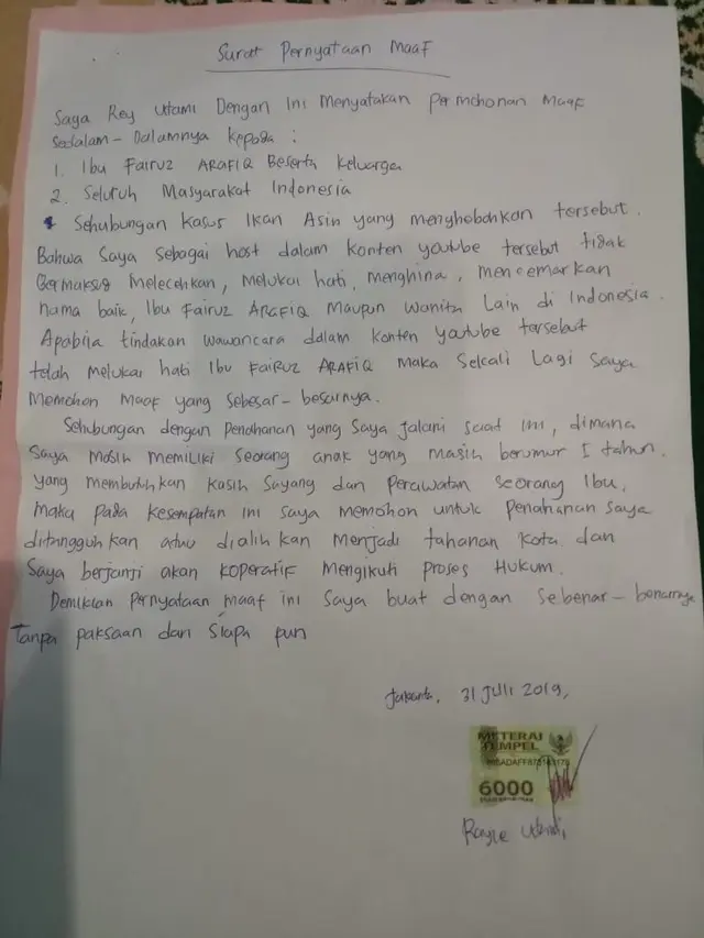 Surat permintaan maaf tersangka kasus bau ikan asin Rey Utami kepada artis Fairuz A Rafiq