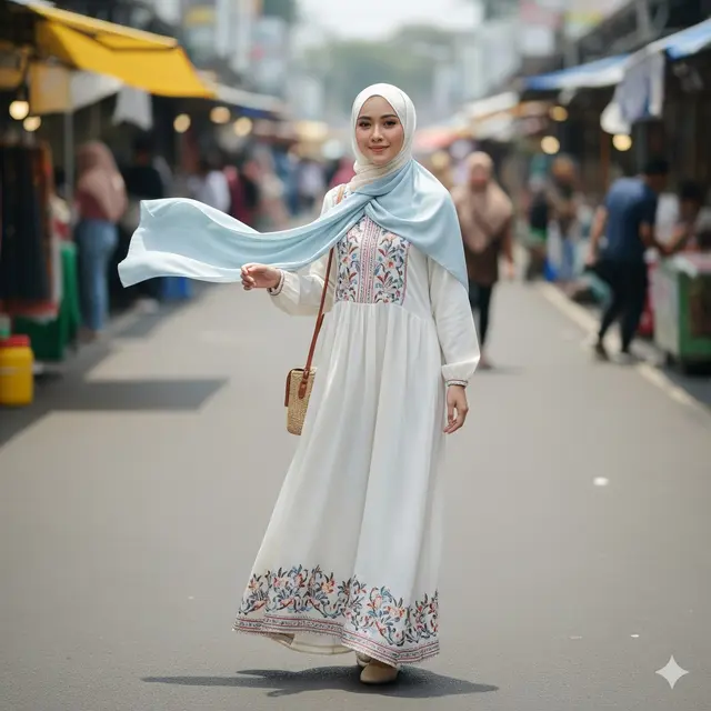 Gamis Katun Bordir + Pashmina Satin Warna Pastel