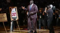 Jersey nomor 32 milik Shaquille O'Neal resmi dipensiunkan oleh Miami Heat dalam sebuah acara seremonial pada jeda pertandingan Heat kontra LA Lakers, Kamis (22/12/2016). (NBA)