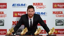 Lionel Messi berhasil meraih trofi Sepatu Emas Eropa yang keempat berkat torehan 37 gol di La Liga Spanyol musim lalu. (AFP/Josep Lago)