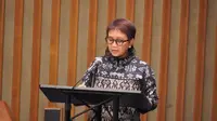 Menteri Luar Negeri RI Retno Marsudi dalam Pertemuan Pleno Tingkat Tinggi untuk memperingati Hari Internasional Pemusnahan Total Senjata Nuklir di Markas besar PBB di New York, Amerika Serikat, Selasa (26/9/2023). (Liputan6/Benedikta Miranti)