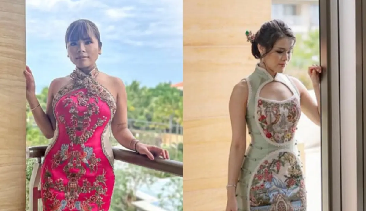 Di acara sangjit, Felicia pun hadir mengenakan cheongsam warna pink halter neck berbordir, lalu Giovani sang calon pengantin tampil mewah dengan Cheongsam hijau berbordir cut out bagian dada. @gv_gabriellavania/@chengiovanis