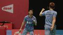 Ekspresi Kevin Sanjaya/Marcus Gideon usai kalahkan Rian Agung/Hendra Setiawan pada babak kedua Daihatsu Indonesia Master 2018 di Istora Senayan, Kamis (25/1/2018). Kevin/Gideon menang 21-16 23-2.1 (Bola.com/Nick Hanoatubun)