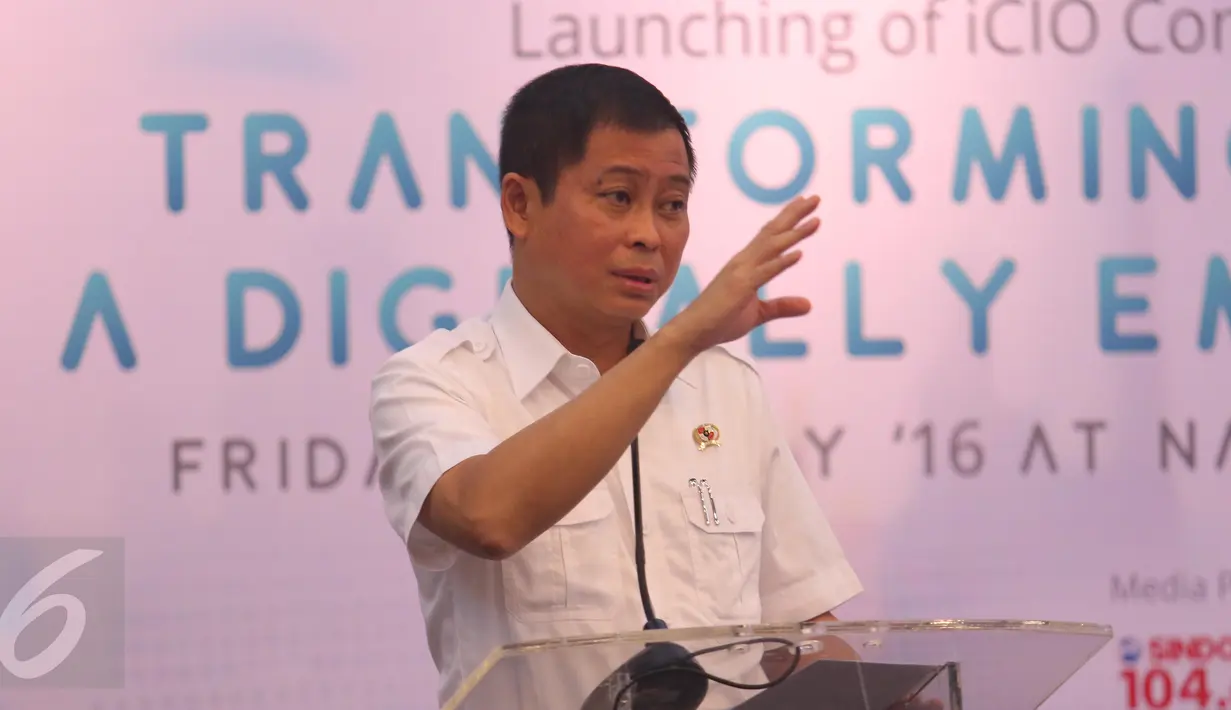 Menteri Perhubungan Ignasius Jonan saat berpidato pada peresmian iCIO Community di Jakarta, Jumat (20/5). iCIO Community merupakan kumpulan para CIO dan staf TI dari berbagai sektor bisnis. (Liputan6.com/Angga Yuniar)