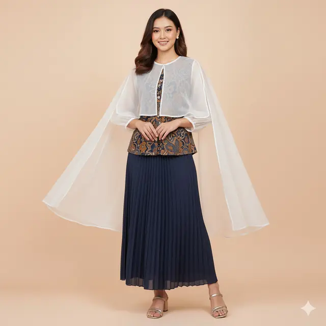 Model Blouse Batik Kombinasi Organza Lengan Bishop untuk Pesta Keluarga. Gemini