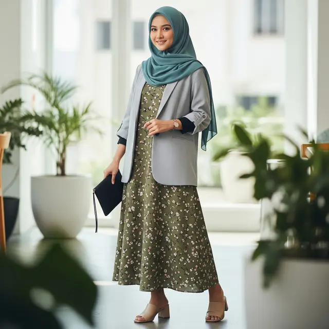 Gamis Motif Bunga Soft dengan Blazer Tipis