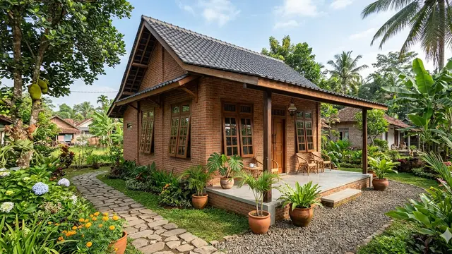 Desain Rumah Bata Merah Sederhana dengan Nuansa Hangat ala Desa. Gemini