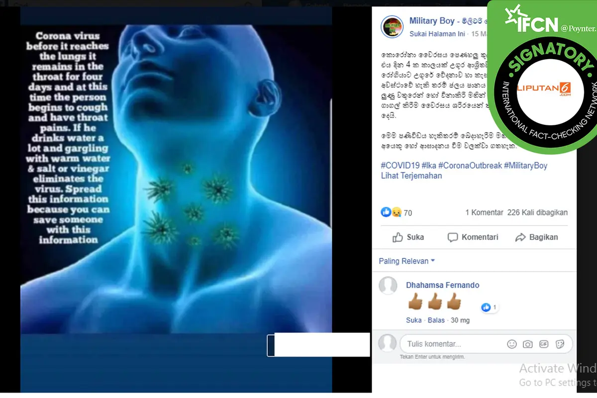 Hoaks kumur dicampur cuka bisa hilangkan covid-19. (Facebook/Military Boy)