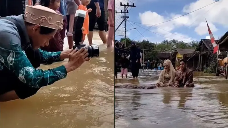 Viral Pasangan Pengantin Ini Lakukan Pemotretan di Tengah Banjir, Curi Perhatian