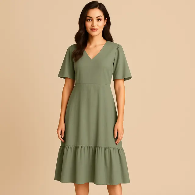 Midi Dress dengan Aksen Ruffle