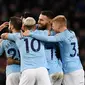 Para pemain Manchester City merayakan gol yang dicetak oleh Raheem Sterling ke gawang Watford pada laga Premier League 2019 di Stadion Etihad, Sabtu (9/3). Manchester City menang 3-1 atas Watford. (AFP/Paul Ellis)