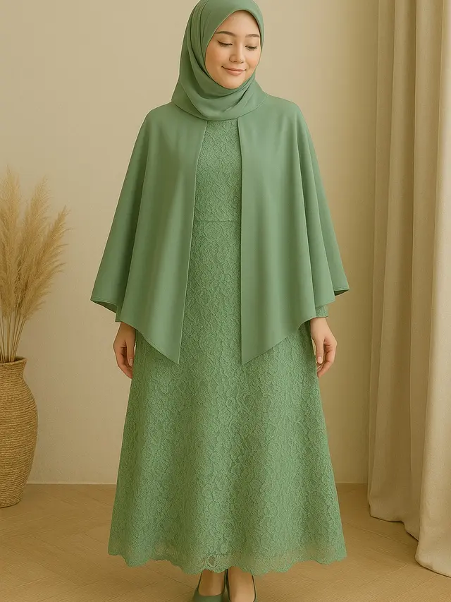 Gamis Brokat Islami Warna Sage dengan Outer Modern