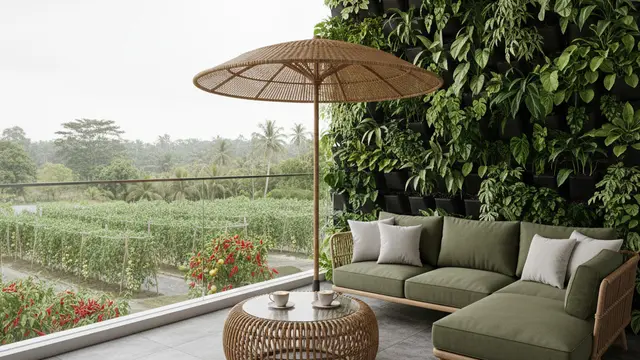 Teras Rumah Nyaman untuk Ngopi dengan View Kebun Hijau. AI