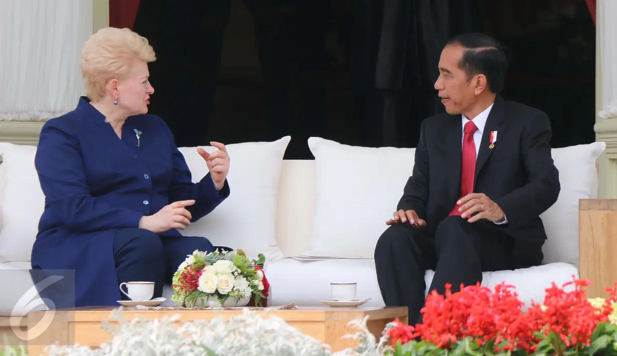 Presiden Jokowi berbincang dengan Presiden Lithuania Dalia Grybauskaite di Istana Merdeka, Rabu (17/5). Presiden Jokowi mengatakan, merupakan kehormatan bagi Indonesia dapat menerima kunjungan Presiden Dalia Grybauskaite. (Liputan6.com/Angga Yuniar)