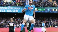 Pemain Napoli, Gonzalo Higuain  merayakan gol yang dicetaknya ke gawang Carpi pada lanjutan Seria A Pekan ke-24. (AFP/Carlo Hermann)