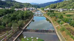 Foto dari udara menunjukkan tepian sungai yang telah direnovasi di Desa Zhikeng yang berada di Xiyang, Kota Meizhou, Provinsi Guangdong, China selatan (21/11/2020). Dalam beberapa tahun terakhir, Meizhou telah meningkatkan upaya untuk melestarikan lingkungan ekologis. (Xinhua/Li He)