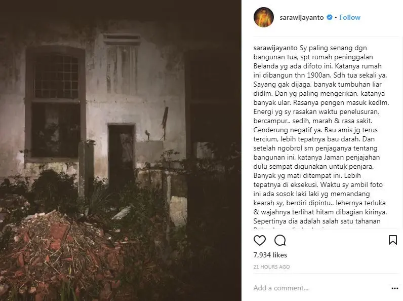 Sara Wijayanto sempat melihat sosok lelaki dengan leher terluka saat dirinya memotret sebuah bangunan tua (Instagram/@sarawijayanto)