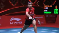 Tunggal putri Indonesia, Gregoria Mariska Tunjung, tampil pada fase grup BWF World Tour Finals 2022 melawan wakil China, Chen Yu Fei, di Nimibutr Arena, Bangkok, Rabu (7/12/2022). (PBSI)