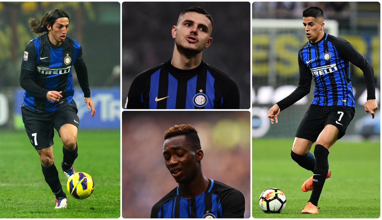 Inter Milan memberikan nomor punggung 7 kepada Mauro Icardi pada musim ini. Icardi diprediksi akan memiliki nasib yang sama dengan tuan-tuan dari nomor tersebut sebelumnya. Berikut Icardi dan 7 pemain bernomor punggung 7 terakhir di Inter Milan. (Kolase foto AFP)