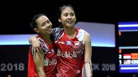 Ekspresi Della Destiara Haris/Rizki Amelia Pradipta setelah mengalahkan wakil Malaysia, setelah mengalahkan Chow Mei Kuan/Vivian Hoo 24-22, 20-22 dan 21-12, pada laga Grup D Piala Uber 2018, Senin (21/5/2018). (PBSI)