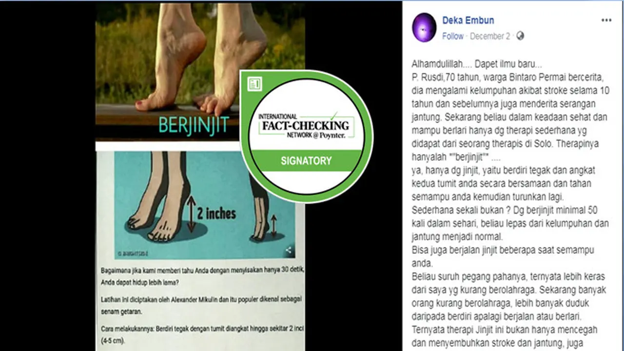 [Cek Fakta] Berjinjit Dapat Sembuhkan Kelumpuhan Akibat Stroke, Benarkah?