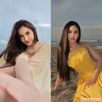 Mahalini Raharja tampil memikat kala bersantai di tepi pantai. Ia terlihat menawan dengan rambut panjang berkilau [@mahaliniraharja]