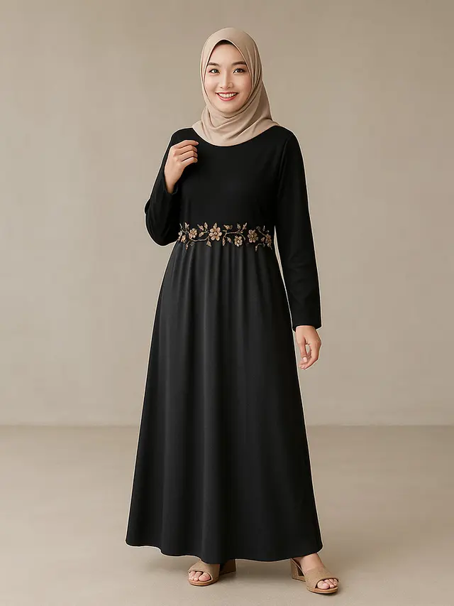 Model Gamis Hitam Kombinasi Bordir/Ilustrasi AI