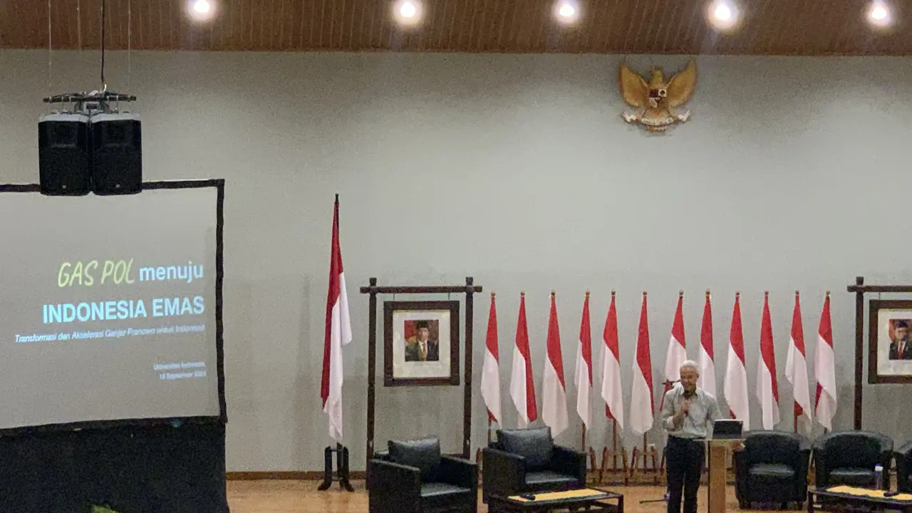 Bakal capres Ganjar Pranowo dalam Kuliah Kebangsaan FISIP UI, Senin (18/9/2023).