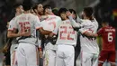 Selebrasi timnas Spanyol pada laga kedua Kualifikasi Piala Eropa 2020 yang berlangsung di Stadion Ta Qali, Malta, Rabu (27/3). Spanyol menang 2-0 atas Malta. (AFP/Filippo Monteforte)