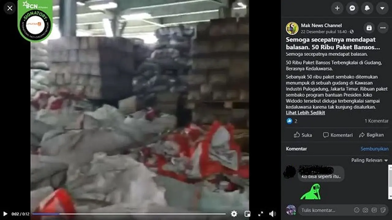 Gambar Tangkapan Layar Video Bansos Terbengkalai dan Diklaim Sudah Kedaluwarsa (sumber: facebook)