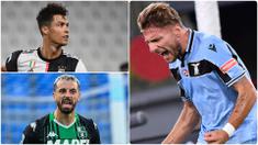 Ciro Immobile berhasil mencetak hattrick saat Lazio melawan Verona. Torehan tiga gol Immobile membuatnya melesat tinggalkan Cristiano Ronaldo di perebutan top skor Serie A musim ini. Berikut top skor Serie A Italia 2019-2020 hingga pekan ke-36. (kolase foto AFP/AP)