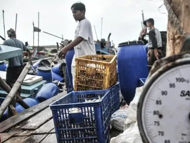 Nelayan menimbang ikan hasil tangkapan di dermaga Kalibaru, Cilincing, Jakarta Utara, Rabu (23/3/2022). PT Perikanan Indonesia (Persero) mengungkapkan sejumlah jenis ikan mengalami kenaikan harga berkisar Rp1.000-Rp2.000 per kg akibat tingginya permintaan jelang Ramadan (merdeka.com/Iqbal S Nugroho)