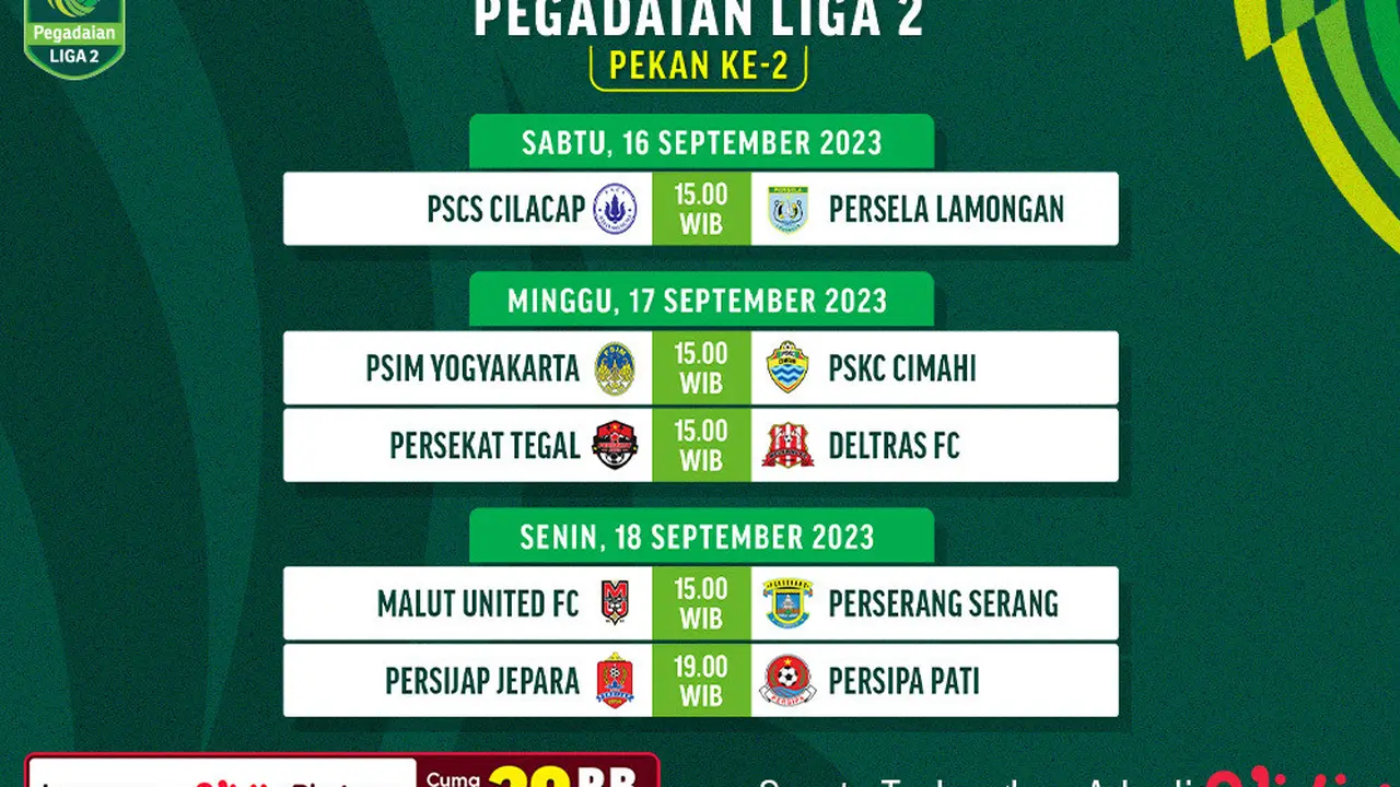 Jadwal Live Streaming Pegadaian Liga 2 2023/2024 Pekan Kedua di Vidio