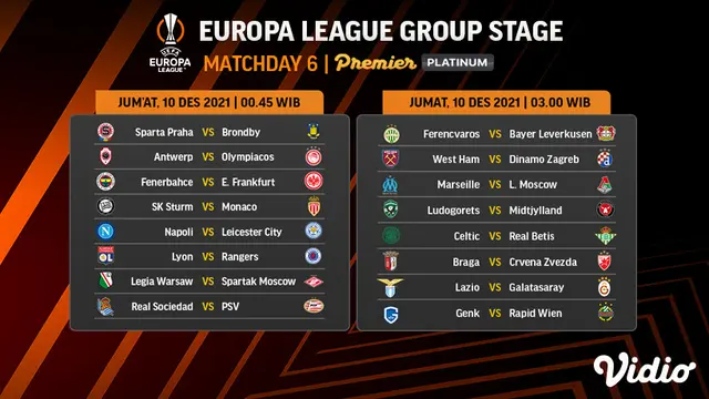 Jadwal dan Live Streaming Liga Europa 2021/2022 Matchday 6 di Vidio, Jumat 10 Desember 2021