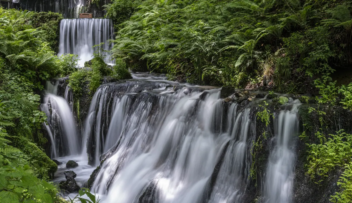 Foto yang diambil pada 4 Juli 2023 ini menunjukkan air yang jatuh ke bebatuan di Air Terjun Shiraito, di utara kota resor Karuizawa, prefektur Nagano. (AFP/Richard A. Brooks)
