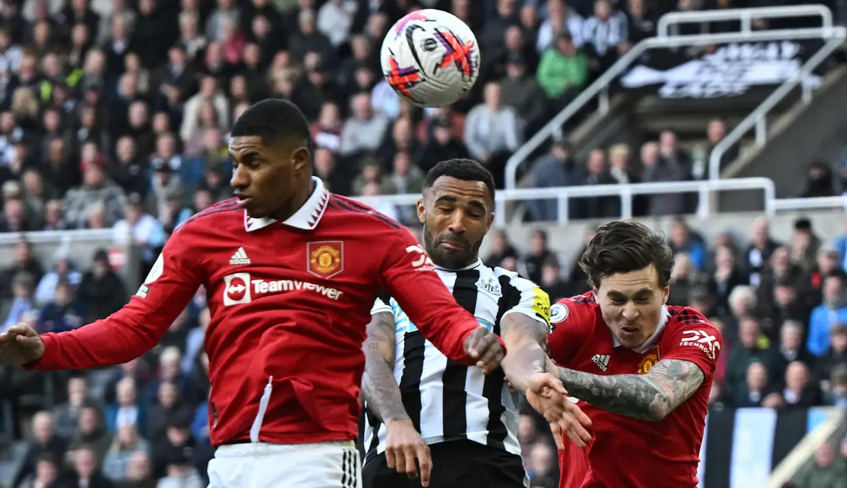 Gol kedua Newcastle lahir di menit ke-88, lagi-lagi lewat sundulan yang kali ini dicetak oleh Callum Wilson (tengah). (AFP/Oli Scarff)