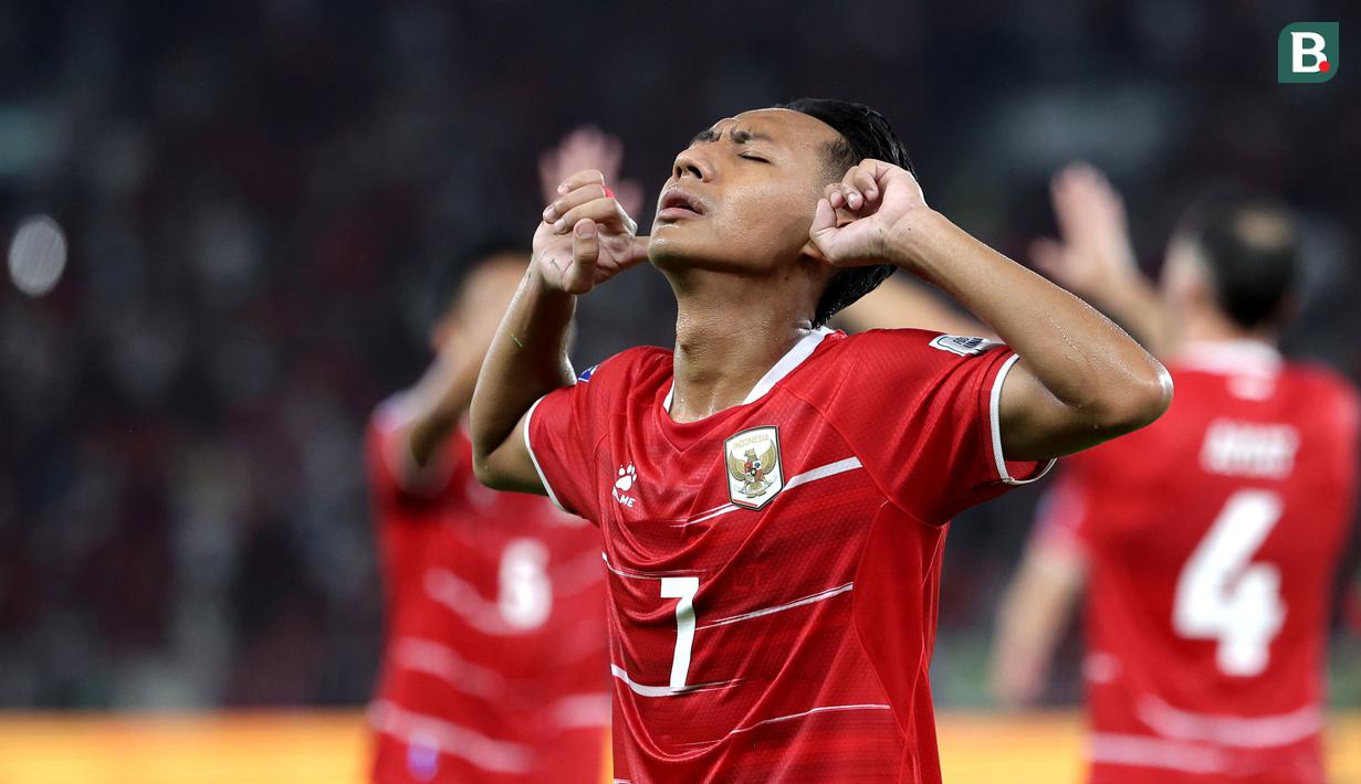 Pemain Timnas Indonesia, Beckham Putra merayakan gol ke gawang St Kitts and Nevis dalam laga semifinal FIFA Series 2026 di Stadion Utama Gelora Bung Karno (SUGBK), Senayan, Jakarta, Jumat (27/03/2026). (Bola.com/Abdul Aziz)