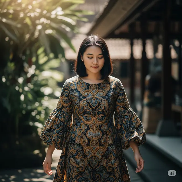 Tunik Batik Kombi Brokat Lengan Balon Motif Modern