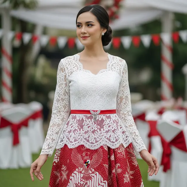 Dress Batik Kombinasi Brokat Tema Hari Kemerdekaan (AI Generated)