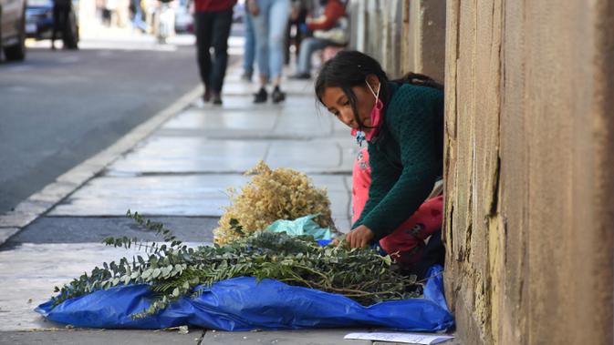 Seorang penjual menata ramuan obat tradisional yang digunakan untuk pengobatan penyakit pernapasan di trotoar di Cochabamba, Bolivia pada 25 Juli 2020. Kasus infeksi virus corona dan kematian akibat COVID-19 semakin meningkat di negara Amerika Selatan tersebut. (AP Photo/Dico Solis)