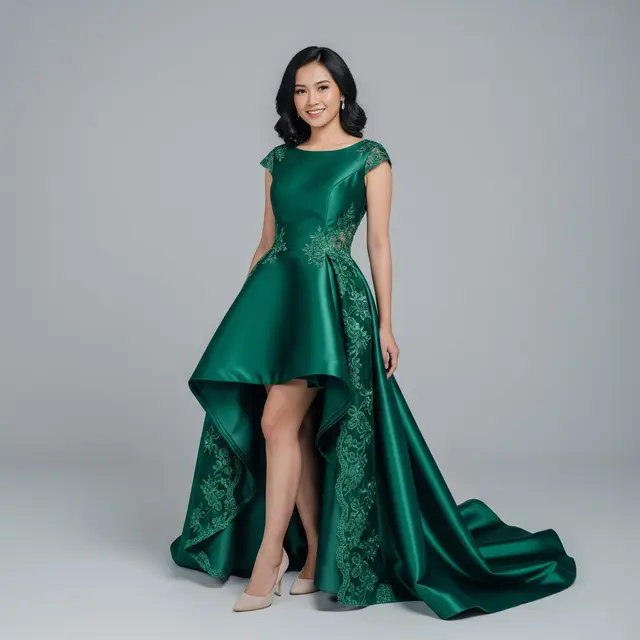 Model Baju Bridesmaid Satin Brokat yang Stylish Gaun High-Low Satin dengan Panel Brokat