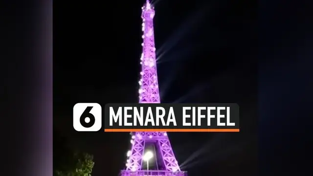 Menara Eiffel bertema merah muda pada malam hari. Pemilihan cahaya berwarna merah muda itu untuk memperingati bulan peduli kanker payudara yang berlangsung sepanjang Oktober.