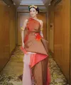 Gaun layering tersebut didominasi dengan ulos yang dibuat oleh desainer Danny Satriadi. Yang memiliki detail burung kakak tua merah di salah satu sisi pinggang. [@mawar_eva]
