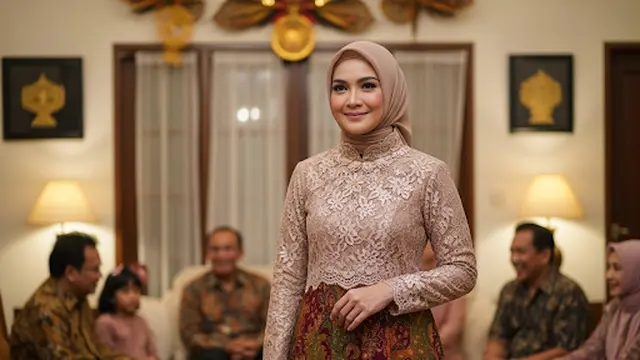 Maxi Dress Gamis Batik Brokat dengan Kerah Tinggi