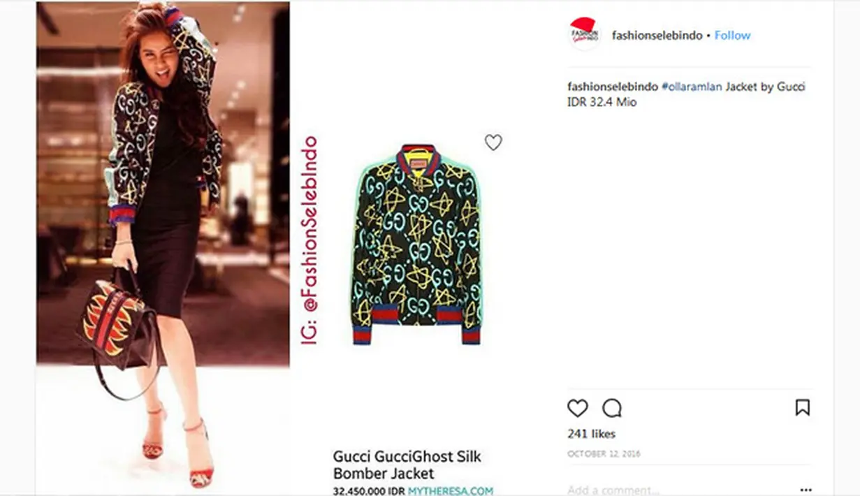 Mama hot yang satu ini juga sangat menggilai dunia fashion. Untuk jaket bombernya ini Olla rela mengeluarkan biaya sebesar 32,4 Juta Rupiah. (Instagram/fashionselebindo)