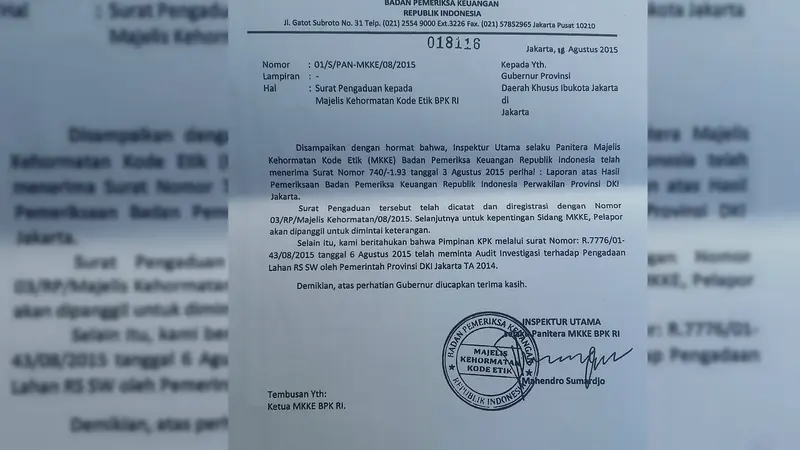 Surat Ahok untuk BPK