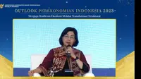 Menteri Keuangan (Menkeu) Sri Mulyani Indrawati dalam seminar outlook perekonomian Indonesia 2023 dengan tema resiliensi ekonomi melalui transformasi struktural, di Jakarta, Rabu (21/12/2022).