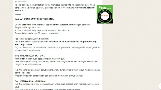 Tangkapan layar klaim makan buah saat perut kosong sembuhkan kanker.