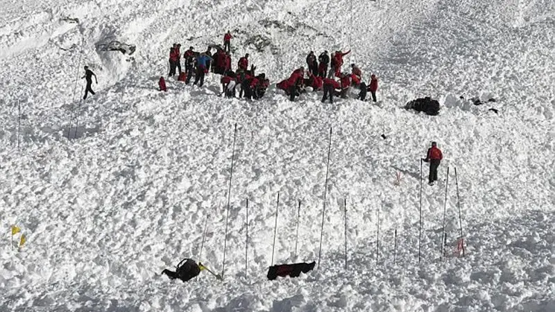 Tim penyelamat mencari korban longsor salju di pegunungan Alpen tepatnya di Gunung Jochgrubenkopf. (AP)