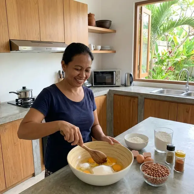 Mencampur telur, gula, dan garam untuk kacang telur kribo (Gemini AI)